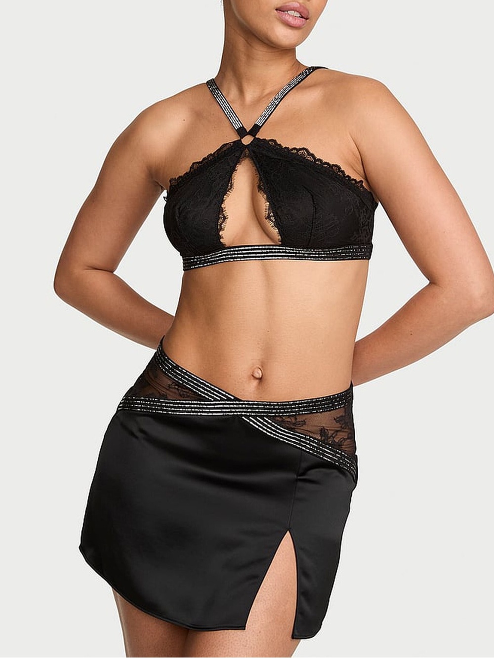 Victoria’s Secret Shine Strap Lace Halter Bralette & Mini Skirt Set Small